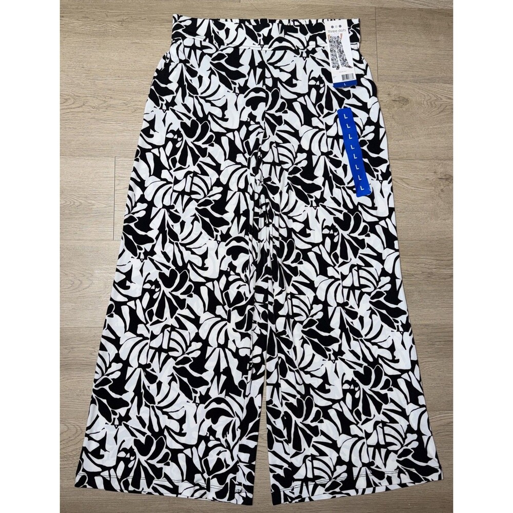 NWT Three Dots Women's Size L Black & White Floral Print Wide Leg Pants Zebra
